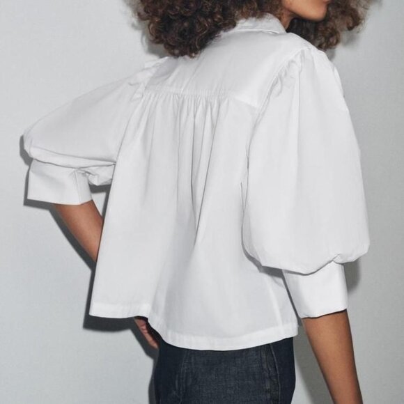 ZARA Collection 100% Cotton Poplin Ballon Puff Sleeve Spread Collar Blouse Large - Picture 3 of 15